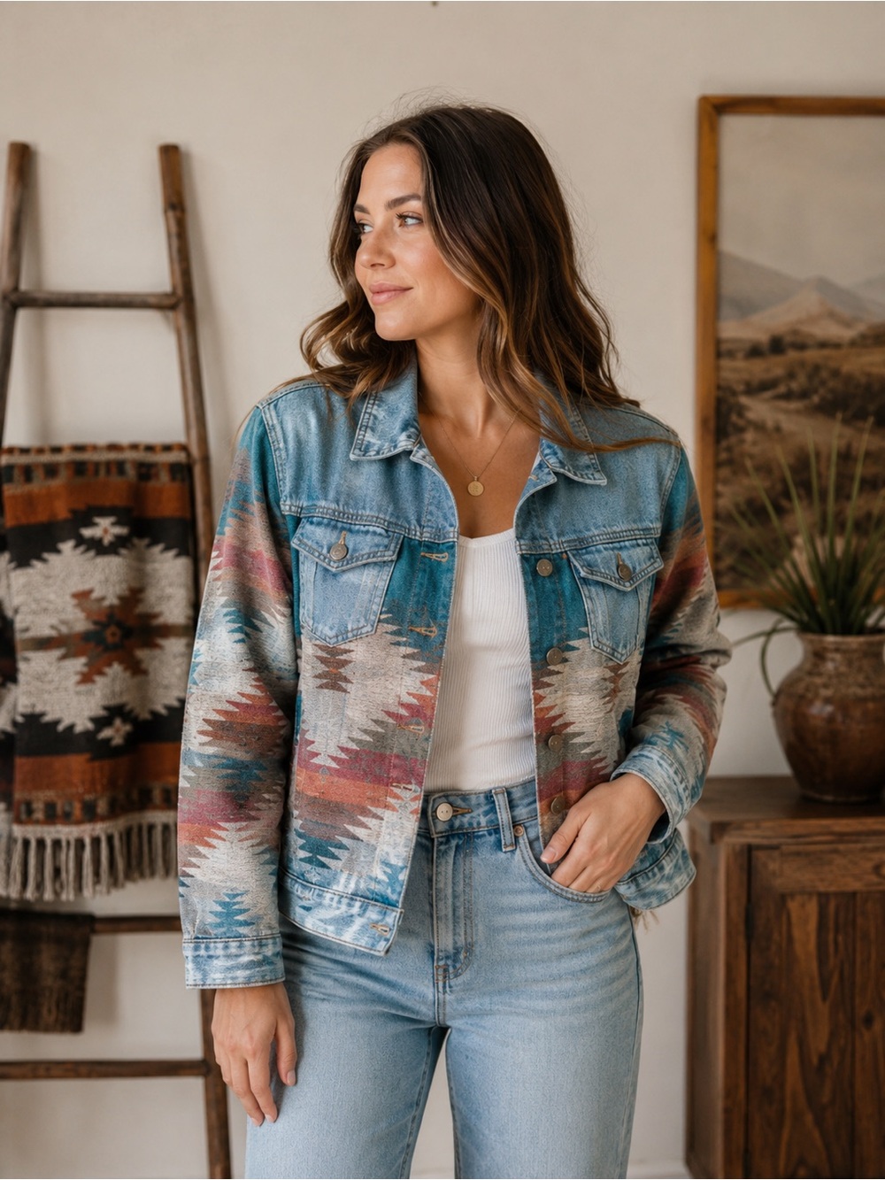 Southwestern Pattern Denim Jacket in Teal, Rust & Cream